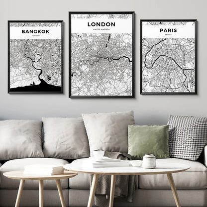 World City Map Wall Art Print – Black & White City Poster
