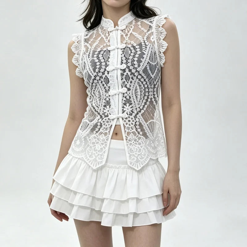 Floral Lace Tank Top Women – Mandarin Collar Frog Button Sleeveless