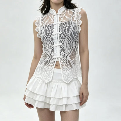 Floral Lace Tank Top Women – Mandarin Collar Frog Button Sleeveless