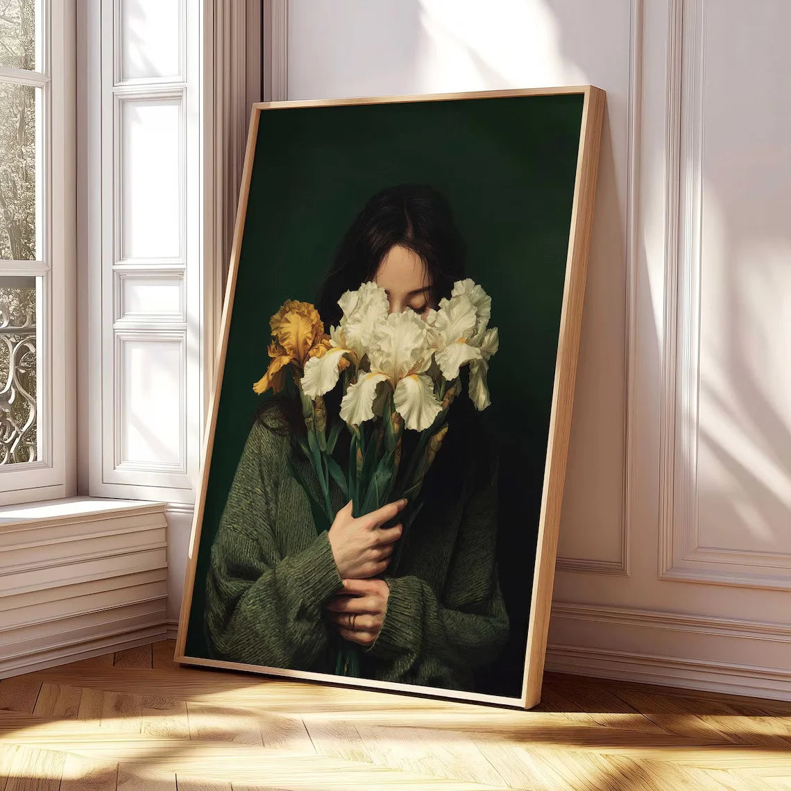 Woman with White Irises Emerald Green Portrait Wall Art Print