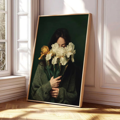 Woman with White Irises Emerald Green Portrait Wall Art Print
