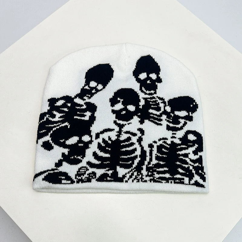 Skull Print Knit Beanie – Color Block Warm Winter Hat Punk Style