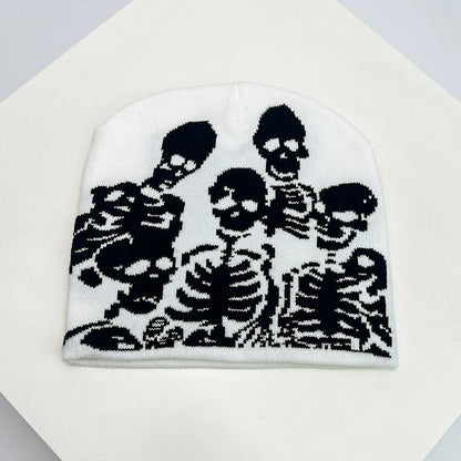 Skull Print Knit Beanie – Color Block Warm Winter Hat Punk Style
