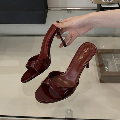 Women's Open-Toe Stiletto Heel Slides – Elegant Patent Mule Pumps