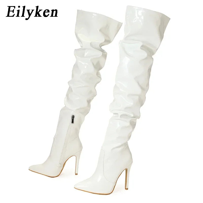 Over-the-Knee Stiletto Boots – Patent Leather Pointed Toe Side Zipper