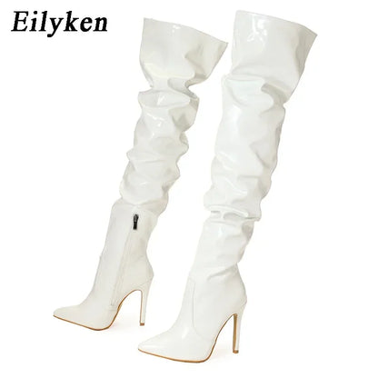 Over-the-Knee Stiletto Boots – Patent Leather Pointed Toe Side Zipper