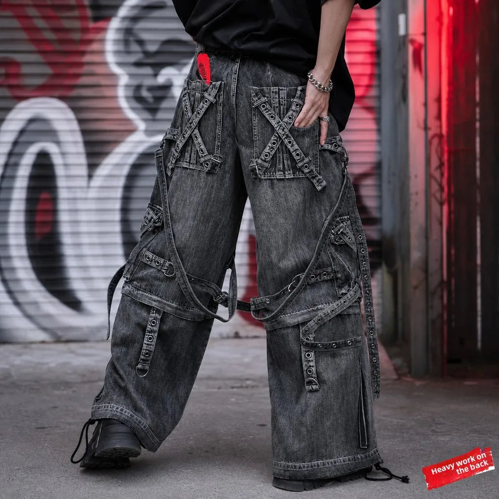 Wide Leg Cargo Denim Jeans – Men's Hip Hop Streetwear Pants