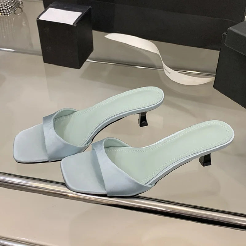 Women's Silk Open Toe Slide Sandals – Elegant Low Heel Dress Slippers