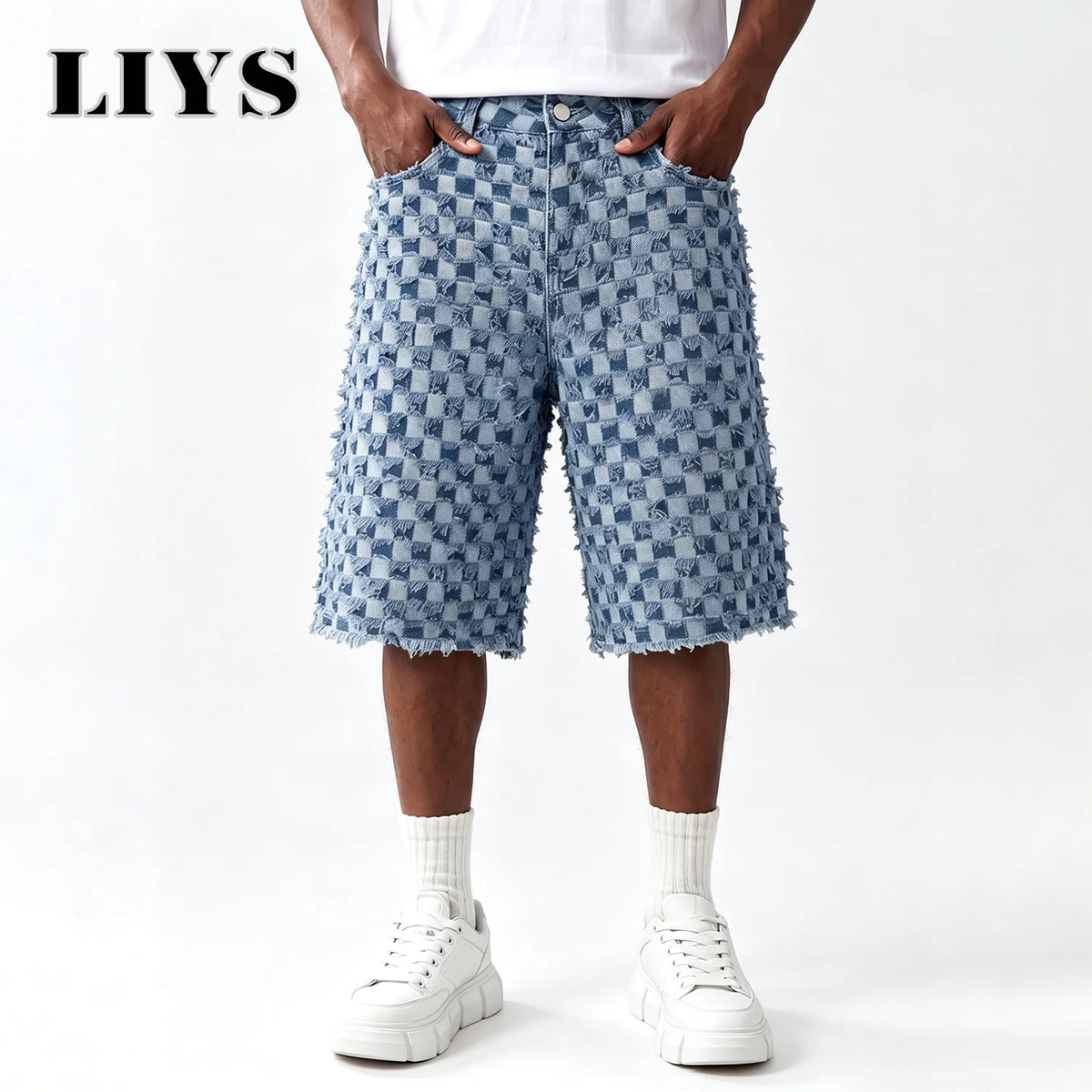Men's Checkerboard Fringe Denim Shorts – Loose Wide Leg