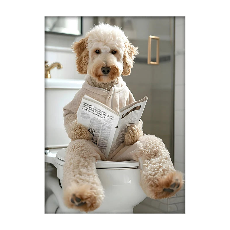 Funny Dog Bathroom Poster – Dog Reading Newspaper on Toilet Wall Art