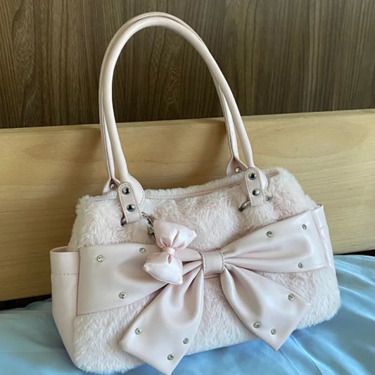 Cute Pink Bow Handbag Women's Creative Rivet Design Plush Shoulder Bag