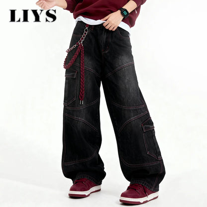 Men S American Street Retro Deconstruction Loose Wide Leg Jeans Unisex Baggy Clothes Multi Pocket