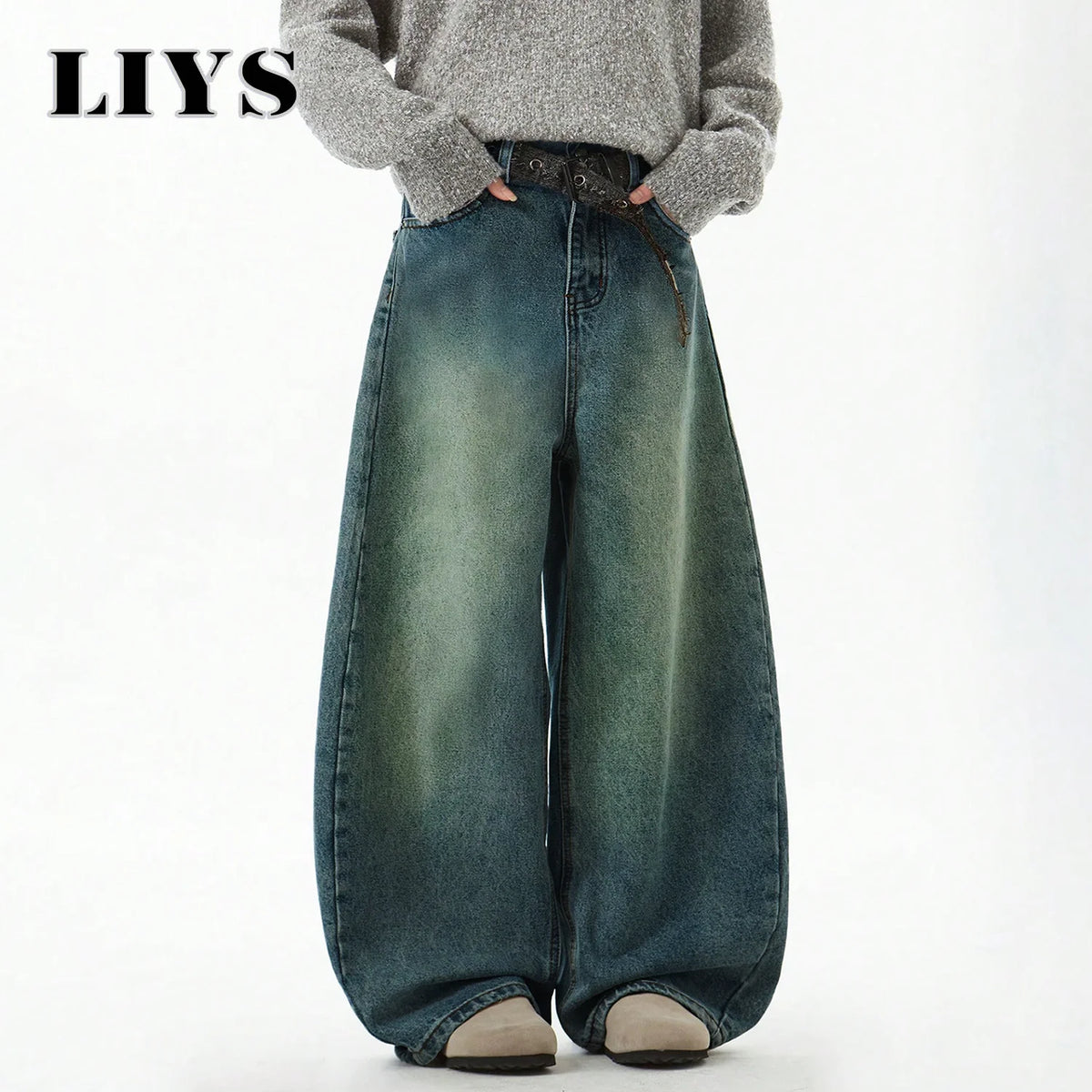 Men S Wear Blue Wide-Leg Denim Pants Baggy Jeans Vintage Three-Dimensional Cut Curved Knife Loose