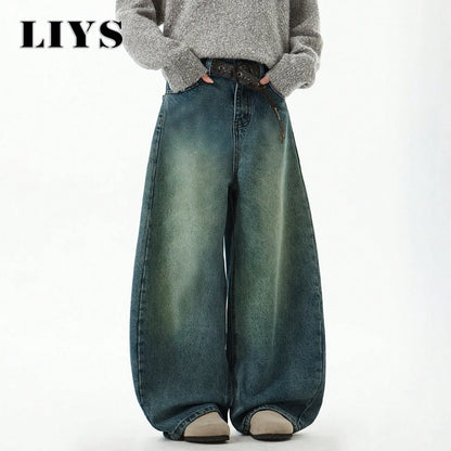 Men S Wear Blue Wide-Leg Denim Pants Baggy Jeans Vintage Three-Dimensional Cut Curved Knife Loose