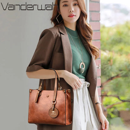 Vintage Leather Tote Bag for Women – 3-Layer Luxury Handbag