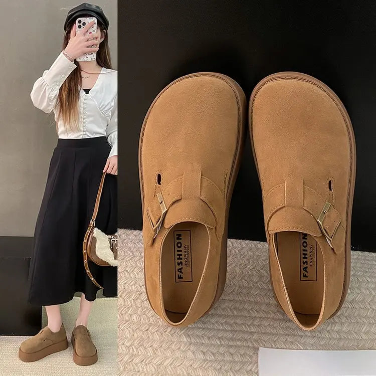 Women's Platform Suede Loafers with Buckle Strap