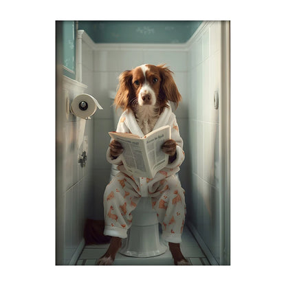 Funny Dog Bathroom Poster – Dog Reading Newspaper on Toilet Wall Art