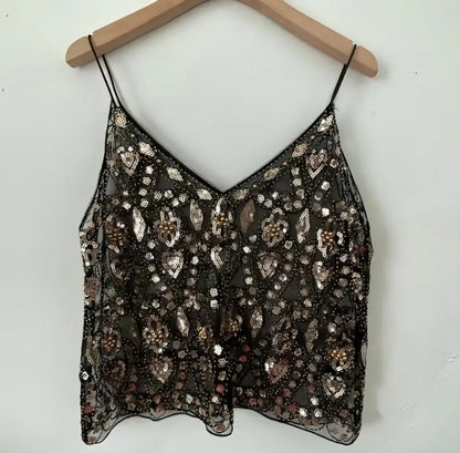 Sequin Beaded Camisole Top Women Sleeveless V-Neck Open Back Vest