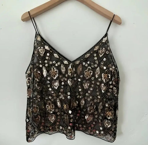 Sequin Beaded Camisole Top Women Sleeveless V-Neck Open Back Vest