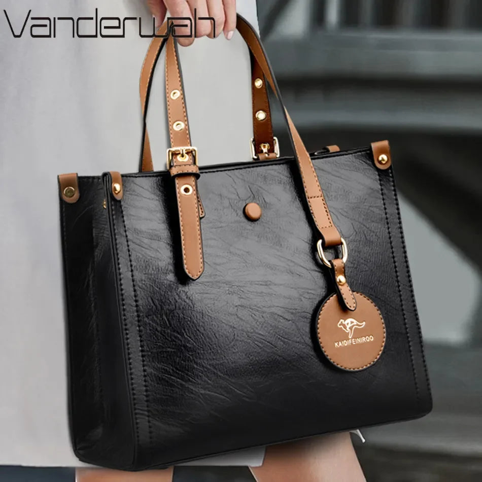 Vintage Leather Tote Bag for Women – 3-Layer Luxury Handbag