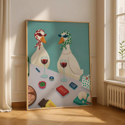 Funny Duck Wine Wall Art – Quirky Retro Poster for Kitchen & Bar
