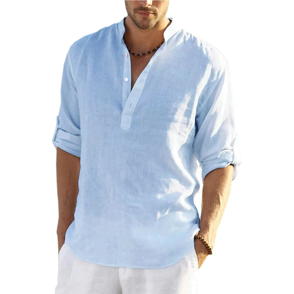Men's Cotton Linen Long Sleeve Shirt – Casual Loose V-Neck Top S-3XL