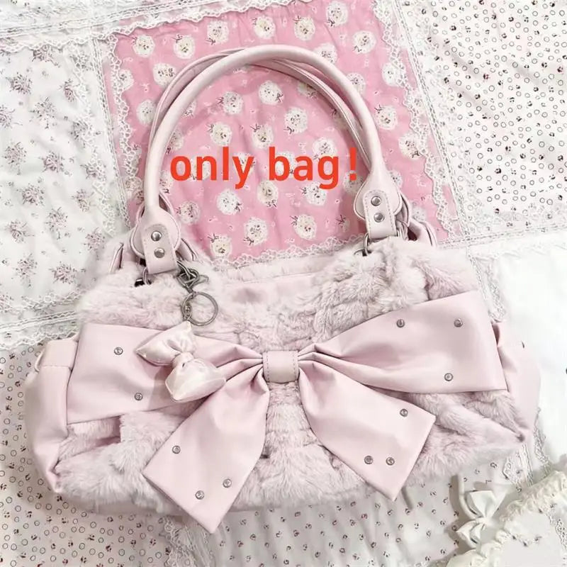 Cute Pink Bow Handbag Women's Creative Rivet Design Plush Shoulder Bag