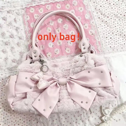 Cute Pink Bow Handbag Women's Creative Rivet Design Plush Shoulder Bag