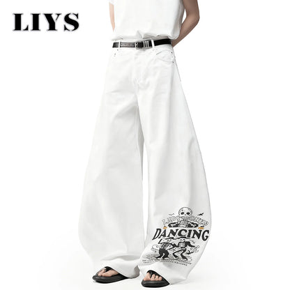 Wide Leg Baggy Jeans Men – Skeleton Dancing Print White Denim