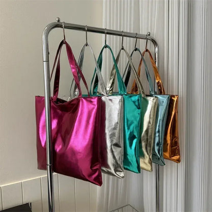 Glossy Tote Bags for Women Fashion High Capacity Shopping Pouch PU Leather Handags