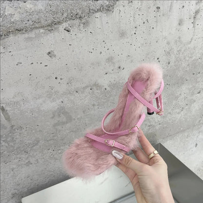 Fuzzy Fur Heeled Sandals for Women – Buckle Strap Square Toe