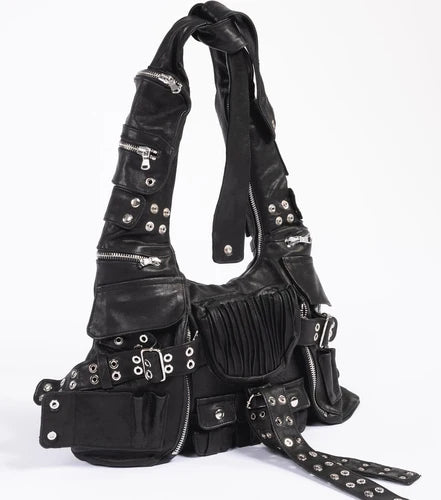 Leather Rivet Shoulder Bag – Edgy Patchwork Underarm Hobo Bag