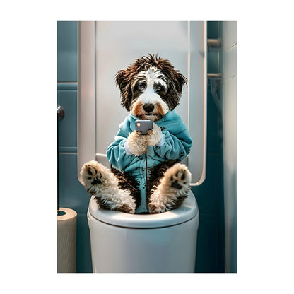 Funny Dog Bathroom Poster – Dog Reading Newspaper on Toilet Wall Art