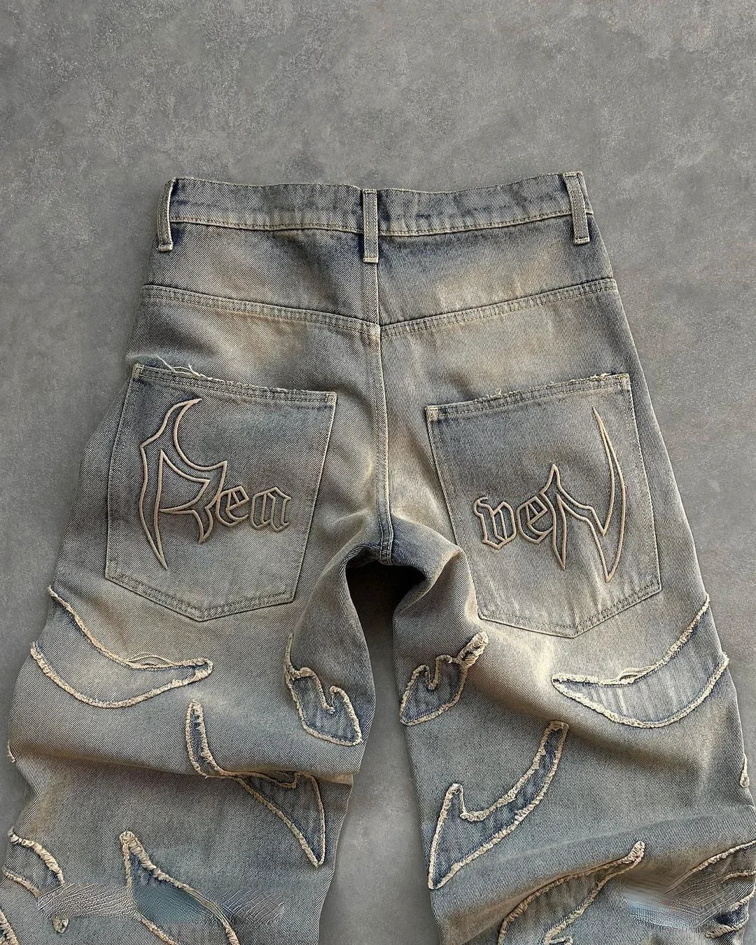 Raw Edge Patchwork Baggy Jeans – Unisex Y2K Hip Hop Streetwear