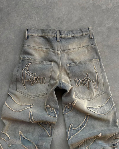 Raw Edge Patchwork Baggy Jeans – Unisex Y2K Hip Hop Streetwear