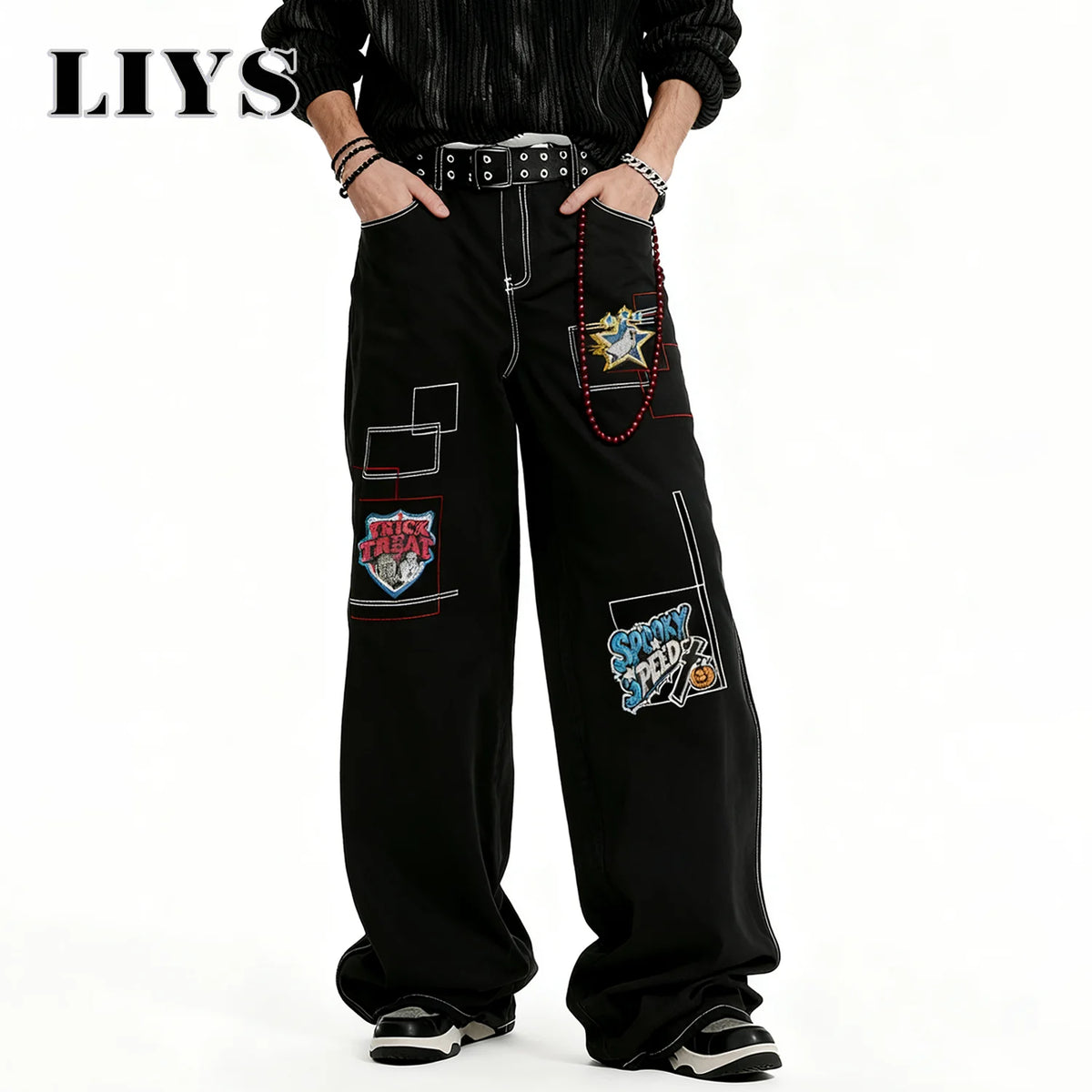 Y2K Embroidered Baggy Wide Leg Black Jeans – Hip-Hop Streetwear Denim