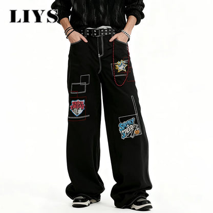 Y2K Embroidered Baggy Wide Leg Black Jeans – Hip-Hop Streetwear Denim