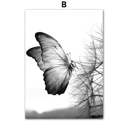 Black & White Floral Wall Art Print – Dandelion & Butterfly Poster