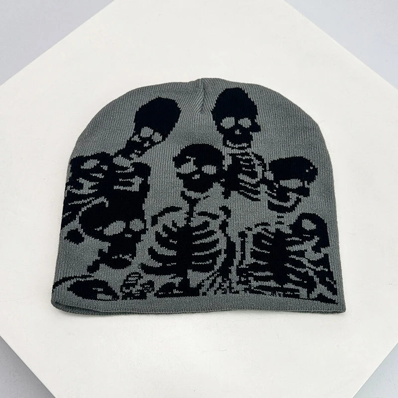 Skull Print Knit Beanie – Color Block Warm Winter Hat Punk Style