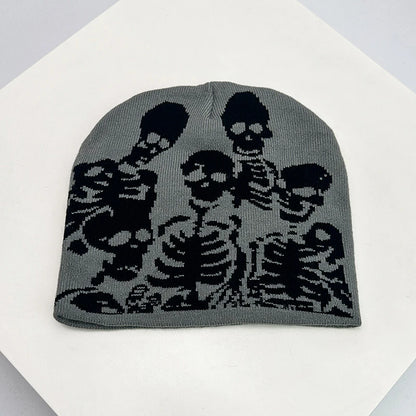 Skull Print Knit Beanie – Color Block Warm Winter Hat Punk Style
