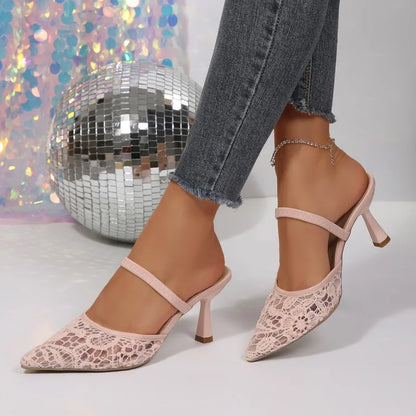 Lace Pointed Toe Mule Heels – Women's Stiletto Slingback Shoes