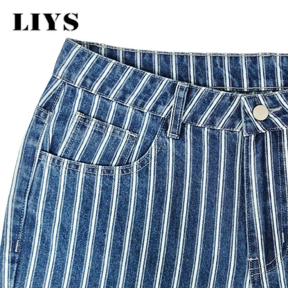 Men's Striped Jacquard Baggy Straight Leg Jeans – Blue & White