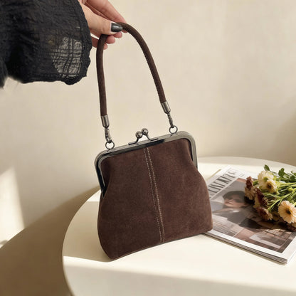 Large Capacity Retro Frosted Handbag Kiss Lock PU Leather