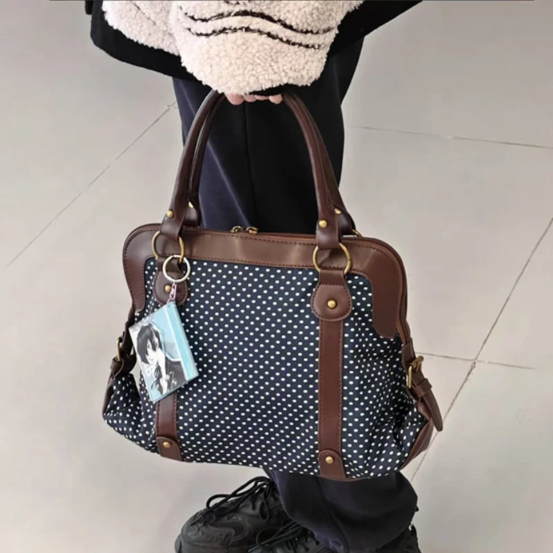 Vintage Polka Dot Tote Bag Women Preppy Style Large Capacity Handbag