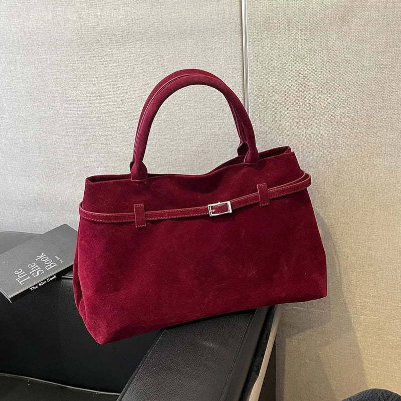 Buckle Decorative Design Solid Faux Suede Handbag
