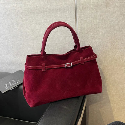 Buckle Decorative Design Solid Faux Suede Handbag