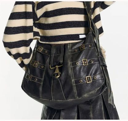 Vintage Rivet Black Handbag Women Y2k Grunge Leather