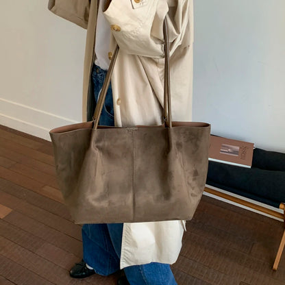 Faux Suede Large Tote Shoulder Bag for Women – Retro Soft Luxury