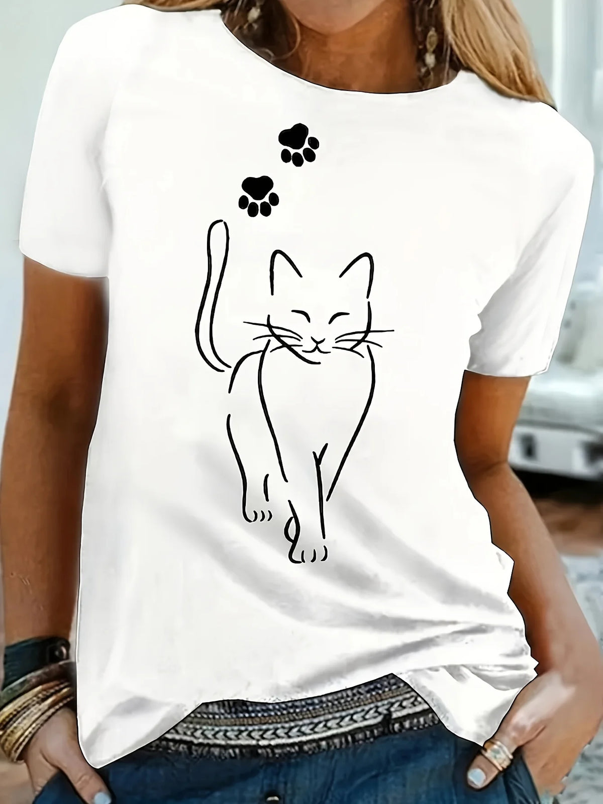 Cat Print Women's T-Shirt – Casual Short Sleeve Crew Neck Top
