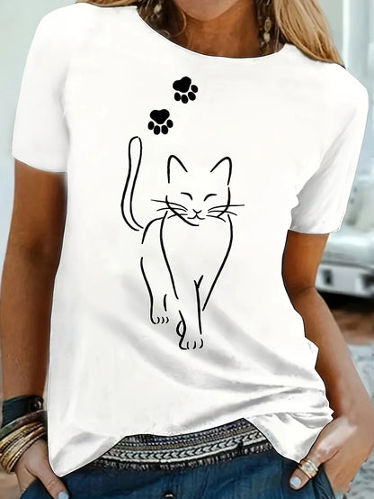 Cat Print Women's T-Shirt – Casual Short Sleeve Crew Neck Top